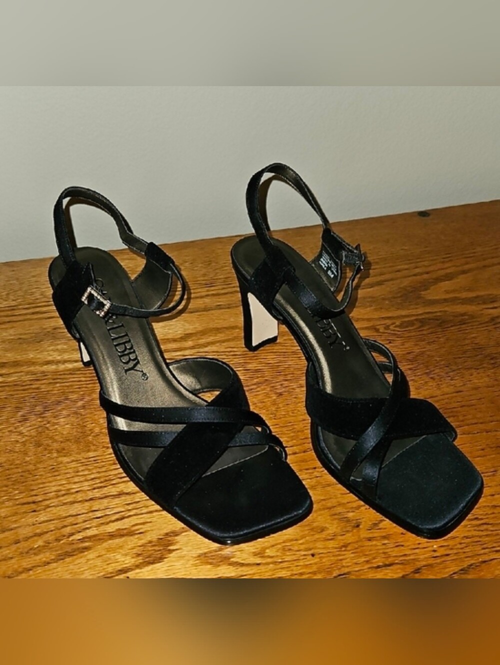 Sam & Libby Black Strappy Block Heel Velvet & Satin Sandals w Rhinestone Buckle